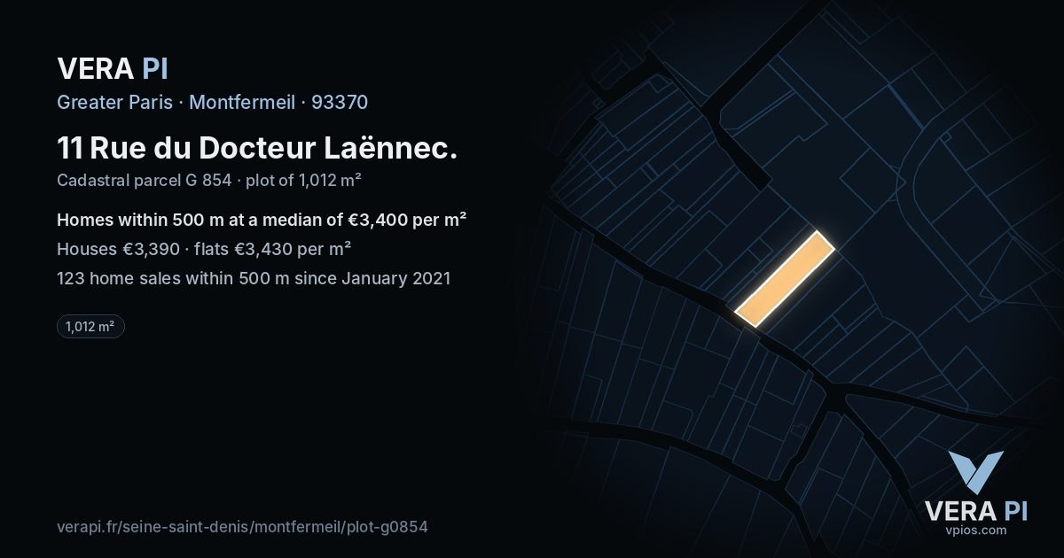 11 Rue du Docteur Laënnec, Montfermeil at night – the plot lit, the parcels around coloured by the prices near them