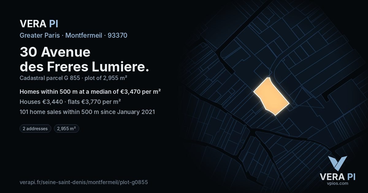 30 Avenue des Freres Lumiere, Montfermeil at night – the plot lit, the parcels around coloured by the prices near them