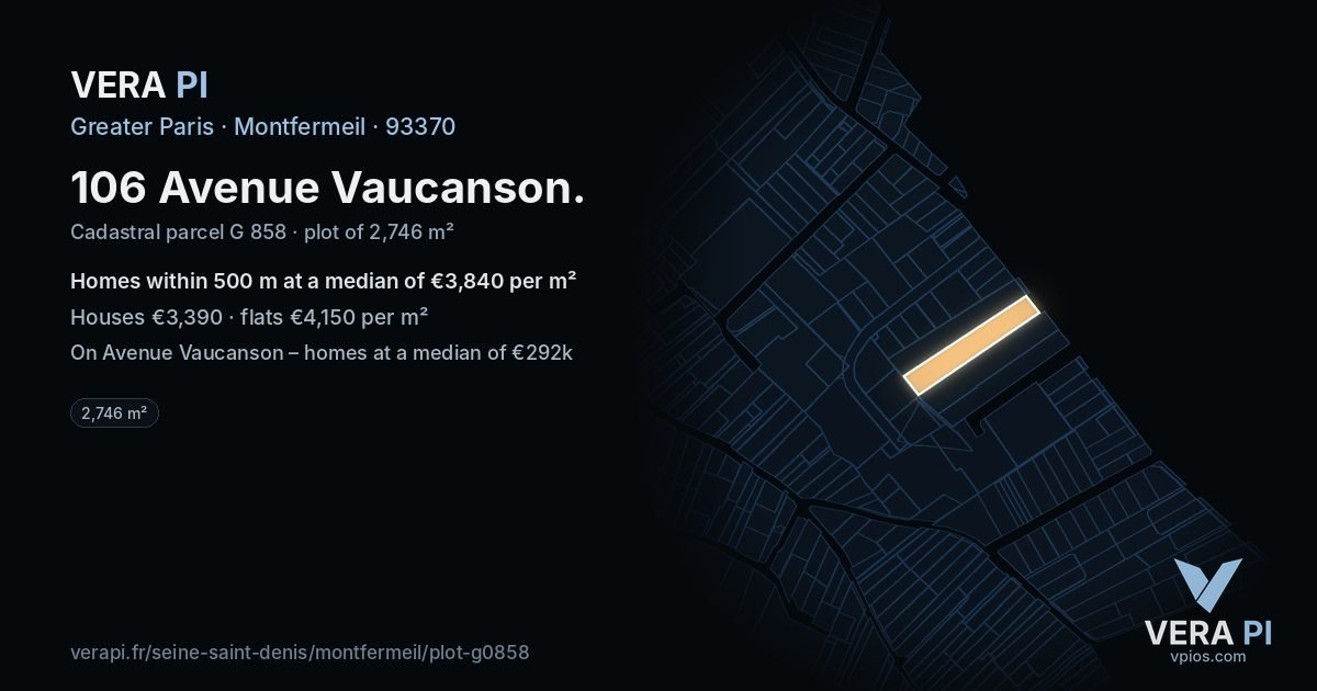 106 Avenue Vaucanson, Montfermeil at night – the plot lit, the parcels around coloured by the prices near them