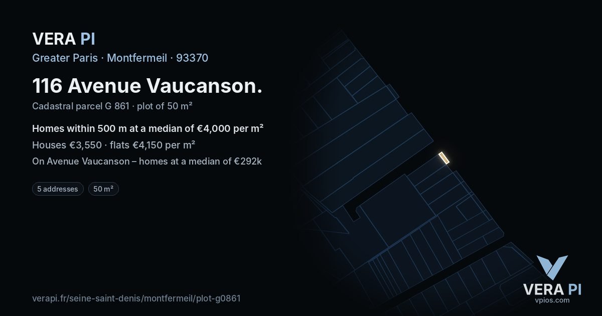 116 Avenue Vaucanson, Montfermeil at night – the plot lit, the parcels around coloured by the prices near them