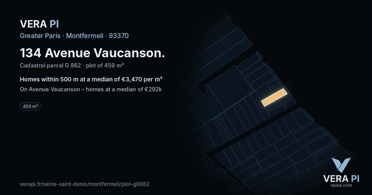134 Avenue Vaucanson, Montfermeil at night – the plot lit, the parcels around coloured by the prices near them