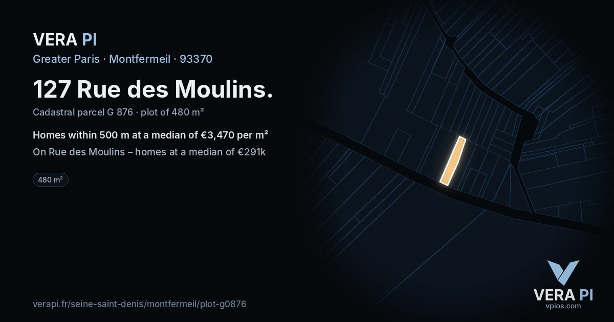 127 Rue des Moulins, Montfermeil at night – the plot lit, the parcels around coloured by the prices near them