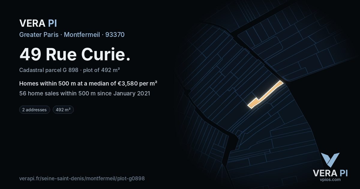 49 Rue Curie, Montfermeil at night – the plot lit, the parcels around coloured by the prices near them