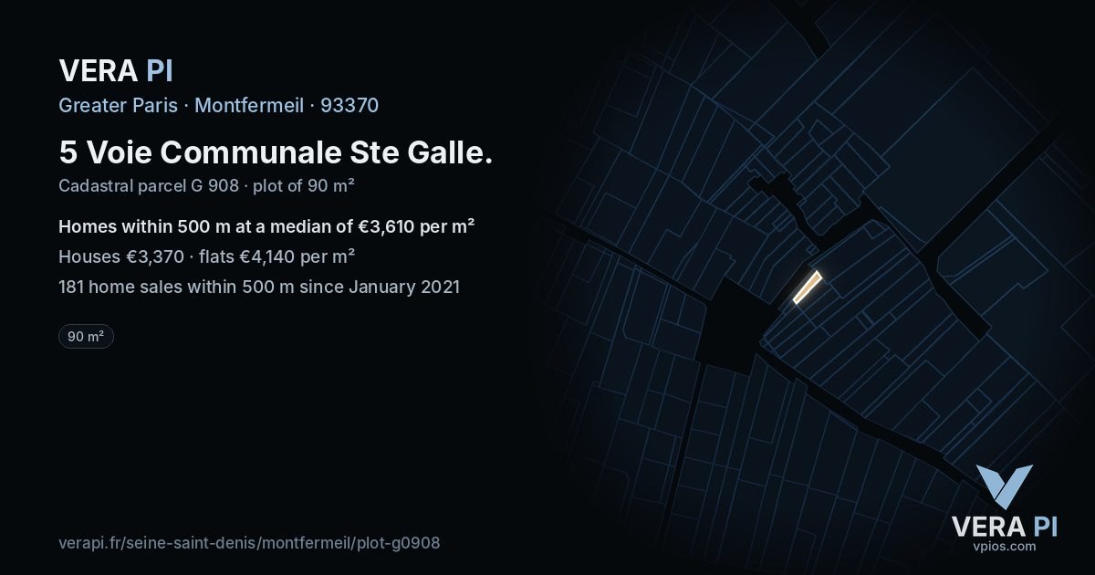5 Voie Communale Ste Galle, Montfermeil at night – the plot lit, the parcels around coloured by the prices near them