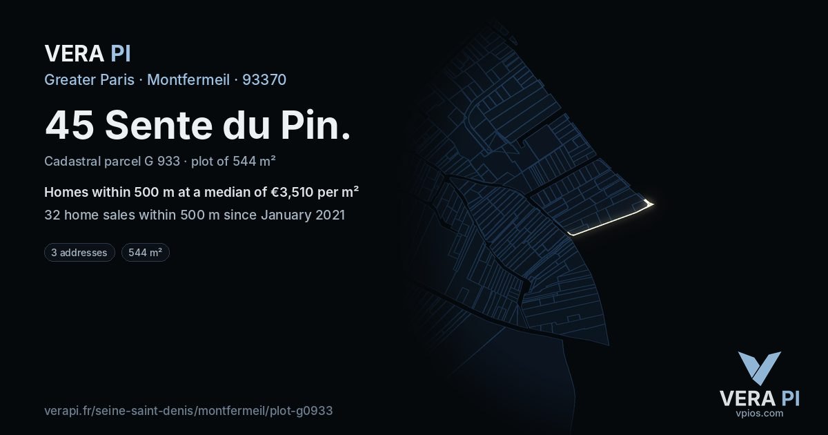 45 Sente du Pin, Montfermeil at night – the plot lit, the parcels around coloured by the prices near them