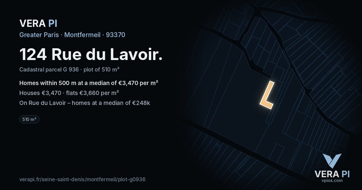 124 Rue du Lavoir, Montfermeil at night – the plot lit, the parcels around coloured by the prices near them