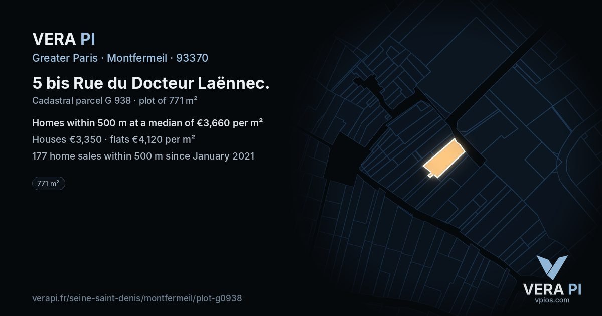 5 bis Rue du Docteur Laënnec, Montfermeil at night – the plot lit, the parcels around coloured by the prices near them