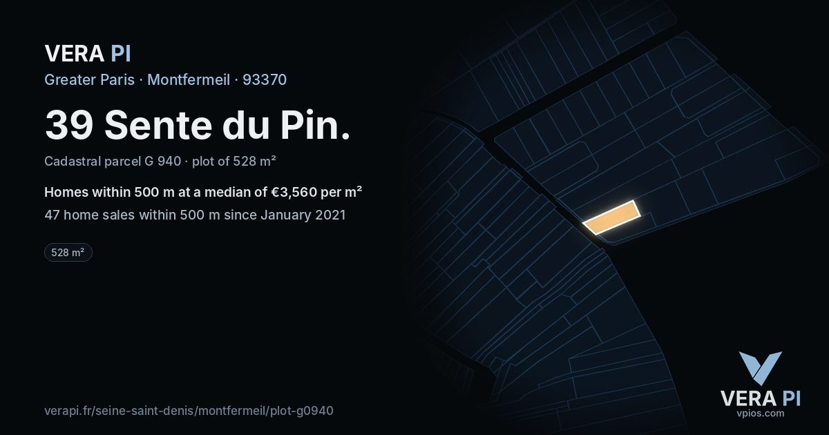 39 Sente du Pin, Montfermeil at night – the plot lit, the parcels around coloured by the prices near them