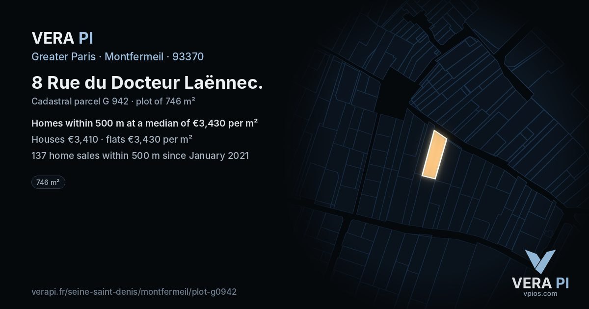 8 Rue du Docteur Laënnec, Montfermeil at night – the plot lit, the parcels around coloured by the prices near them