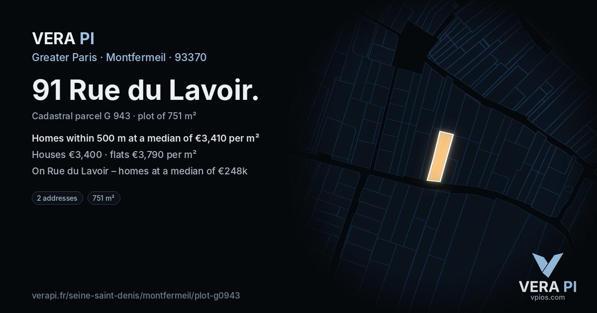 91 Rue du Lavoir, Montfermeil at night – the plot lit, the parcels around coloured by the prices near them