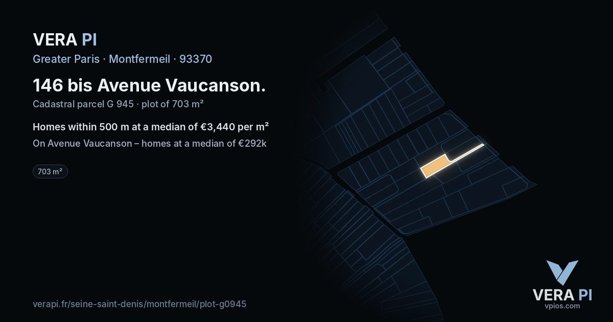 146 bis Avenue Vaucanson, Montfermeil at night – the plot lit, the parcels around coloured by the prices near them