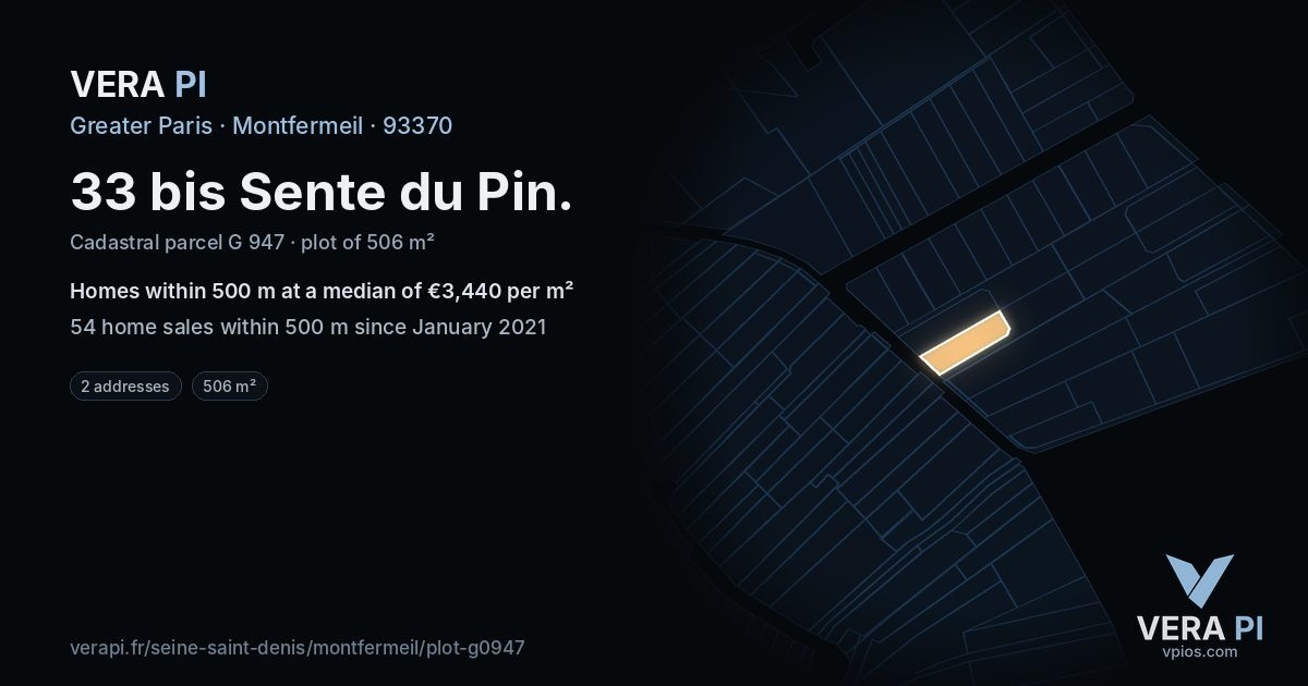 33 bis Sente du Pin, Montfermeil at night – the plot lit, the parcels around coloured by the prices near them