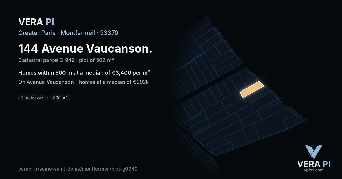 144 Avenue Vaucanson, Montfermeil at night – the plot lit, the parcels around coloured by the prices near them