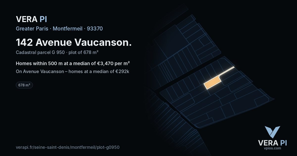 142 Avenue Vaucanson, Montfermeil at night – the plot lit, the parcels around coloured by the prices near them