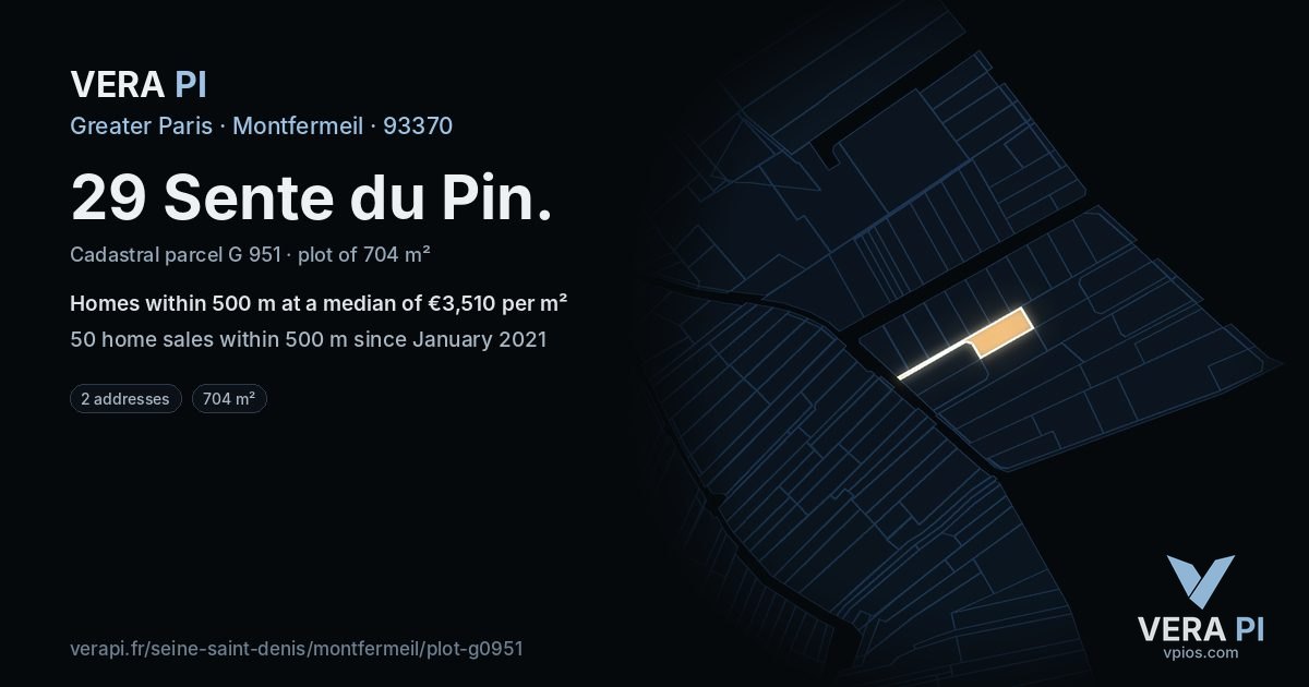 29 Sente du Pin, Montfermeil at night – the plot lit, the parcels around coloured by the prices near them