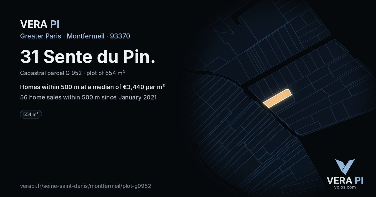 31 Sente du Pin, Montfermeil at night – the plot lit, the parcels around coloured by the prices near them