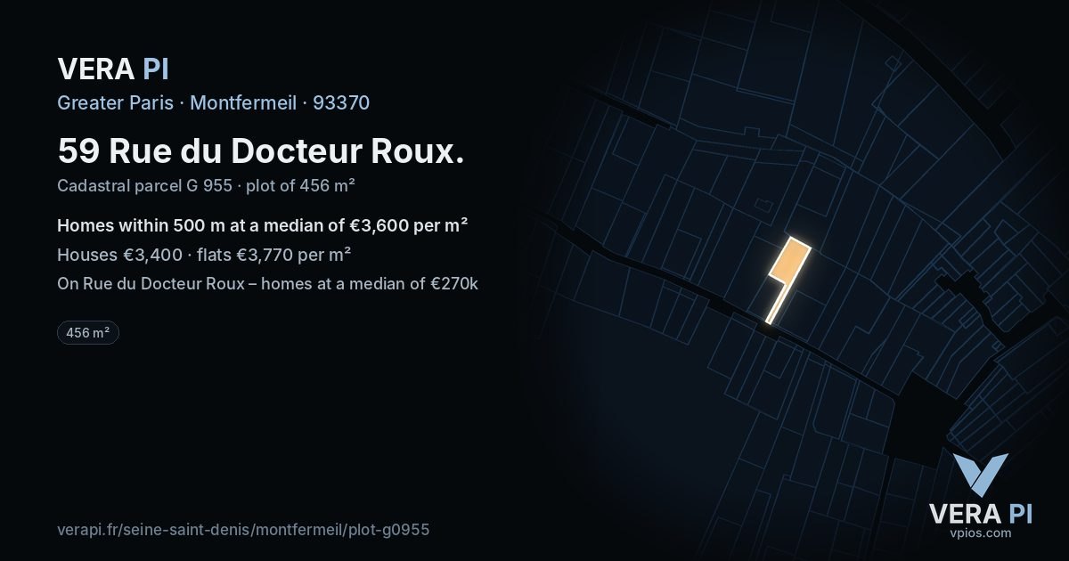 59 Rue du Docteur Roux, Montfermeil at night – the plot lit, the parcels around coloured by the prices near them