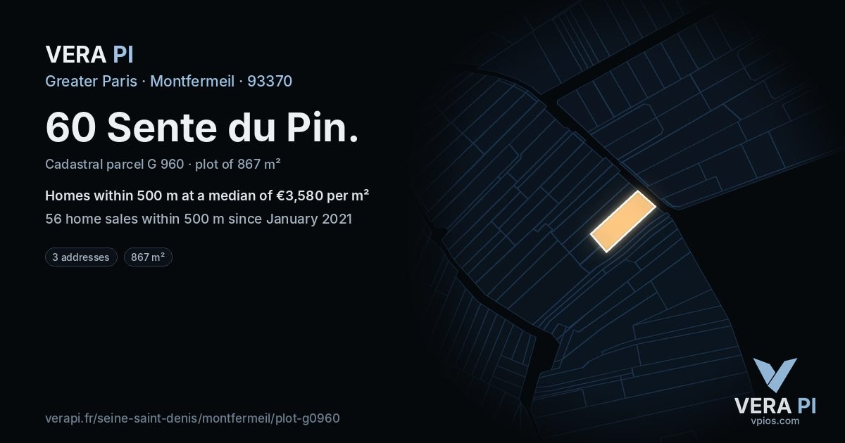 60 Sente du Pin, Montfermeil at night – the plot lit, the parcels around coloured by the prices near them