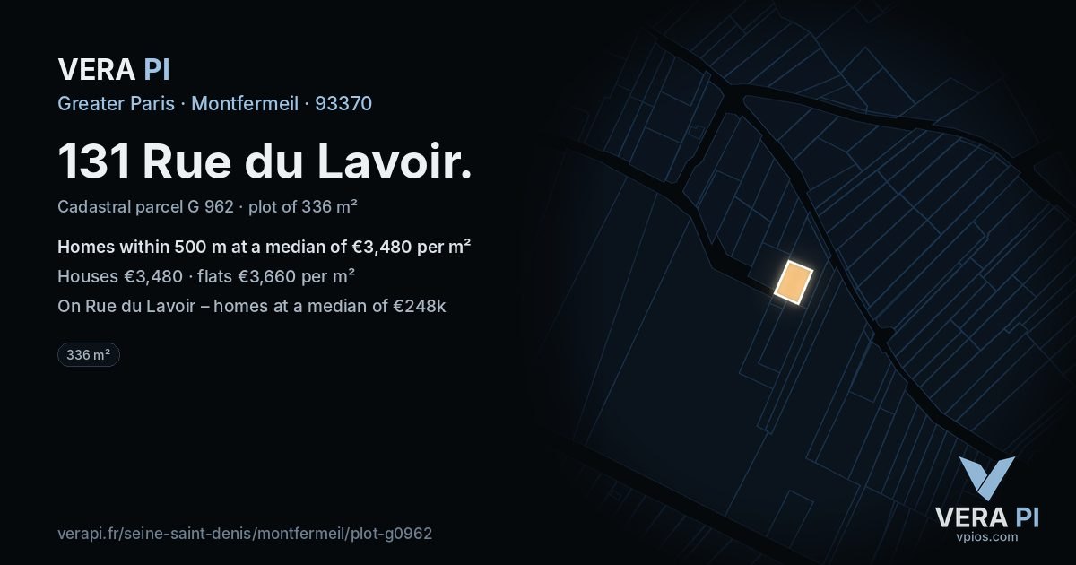 131 Rue du Lavoir, Montfermeil at night – the plot lit, the parcels around coloured by the prices near them
