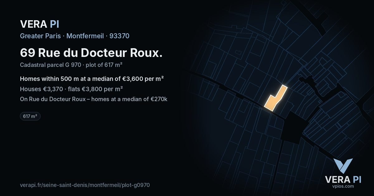 69 Rue du Docteur Roux, Montfermeil at night – the plot lit, the parcels around coloured by the prices near them