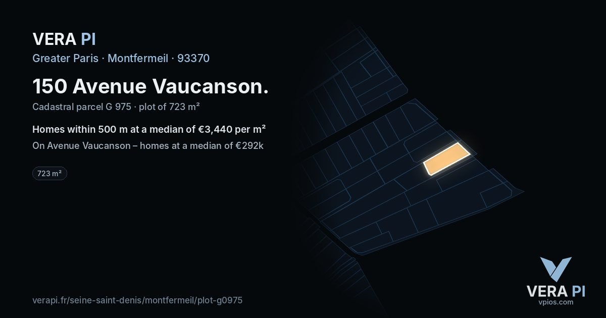 150 Avenue Vaucanson, Montfermeil at night – the plot lit, the parcels around coloured by the prices near them