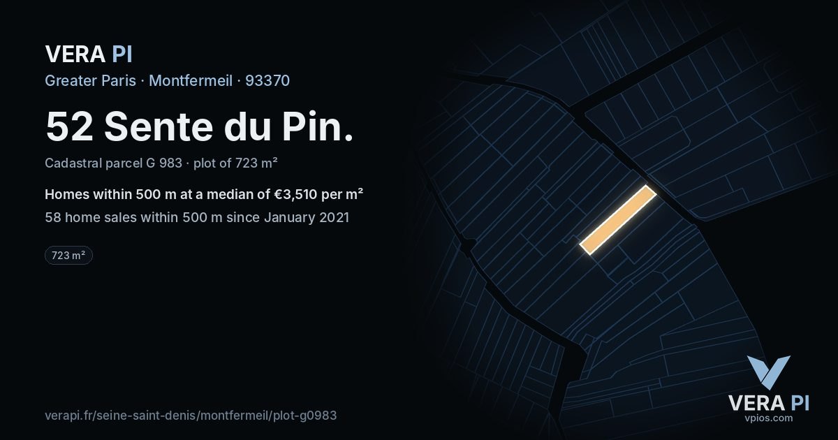 52 Sente du Pin, Montfermeil at night – the plot lit, the parcels around coloured by the prices near them