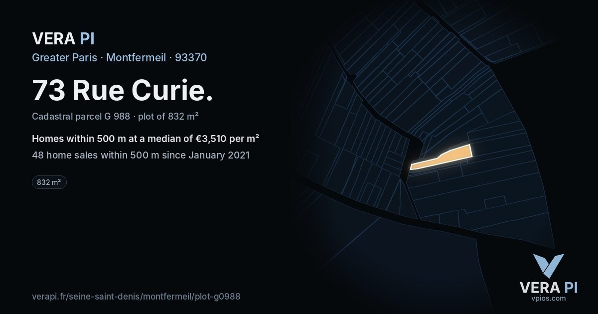73 Rue Curie, Montfermeil at night – the plot lit, the parcels around coloured by the prices near them