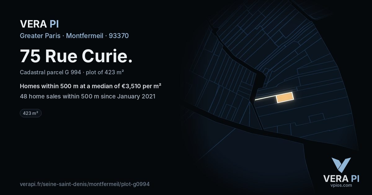 75 Rue Curie, Montfermeil at night – the plot lit, the parcels around coloured by the prices near them