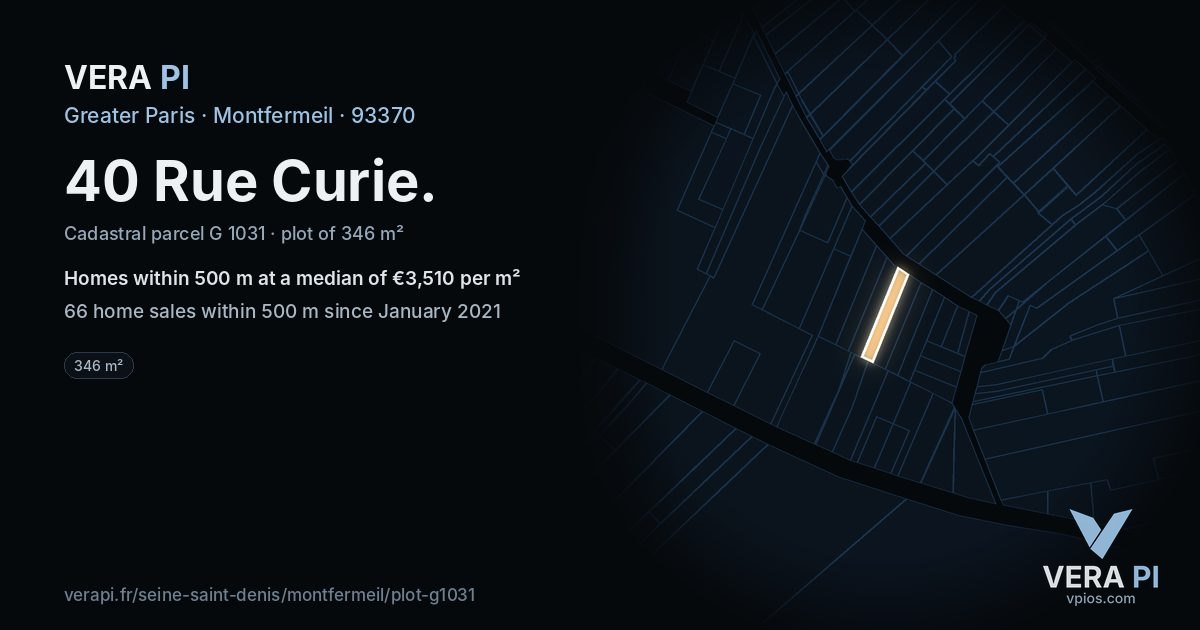 40 Rue Curie, Montfermeil at night – the plot lit, the parcels around coloured by the prices near them