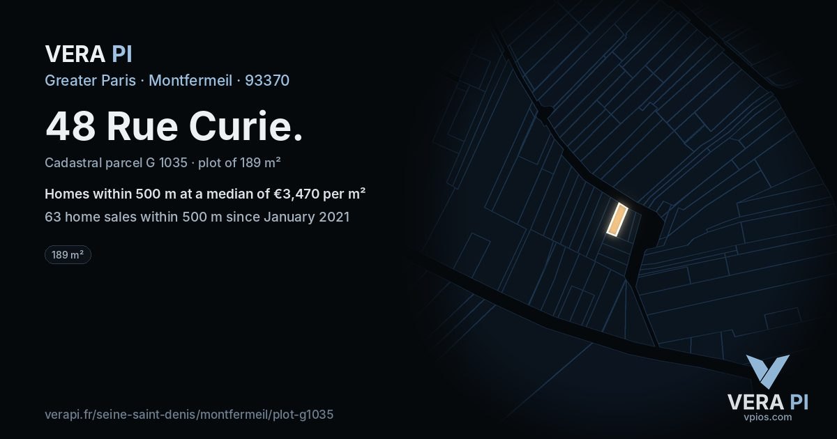 48 Rue Curie, Montfermeil at night – the plot lit, the parcels around coloured by the prices near them
