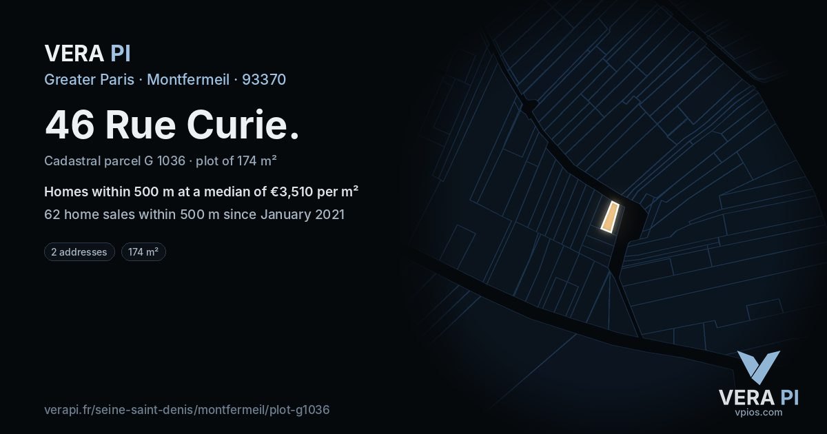 46 Rue Curie, Montfermeil at night – the plot lit, the parcels around coloured by the prices near them