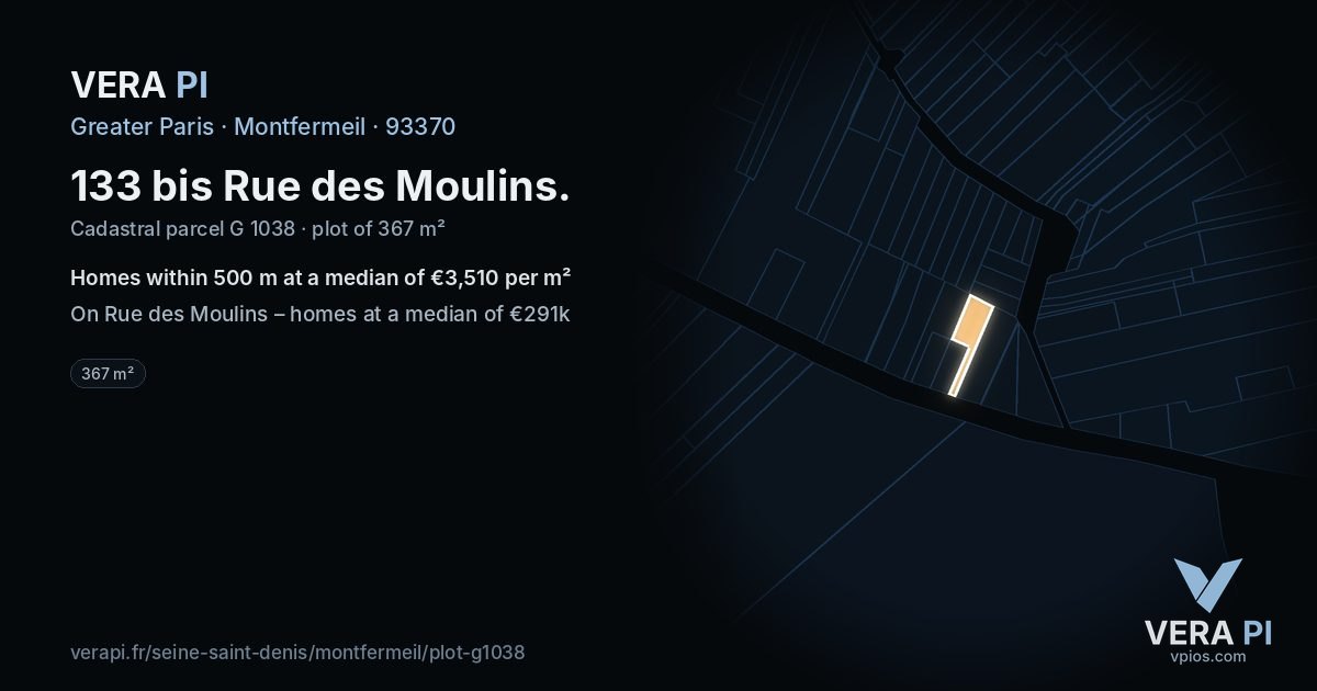 133 bis Rue des Moulins, Montfermeil at night – the plot lit, the parcels around coloured by the prices near them