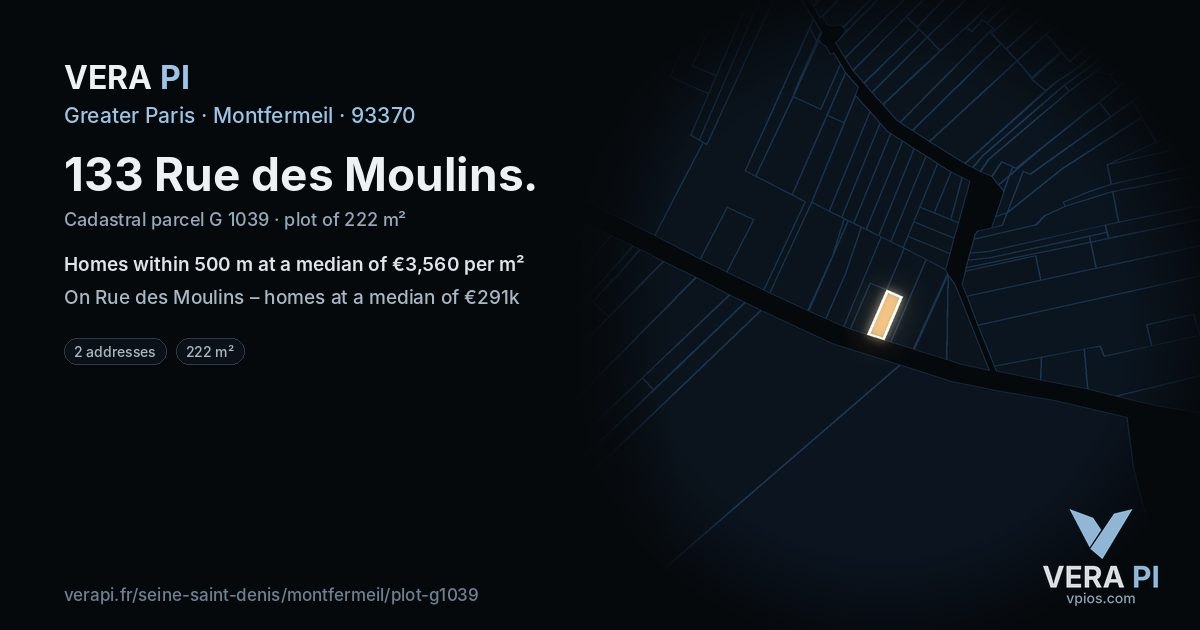 133 Rue des Moulins, Montfermeil at night – the plot lit, the parcels around coloured by the prices near them