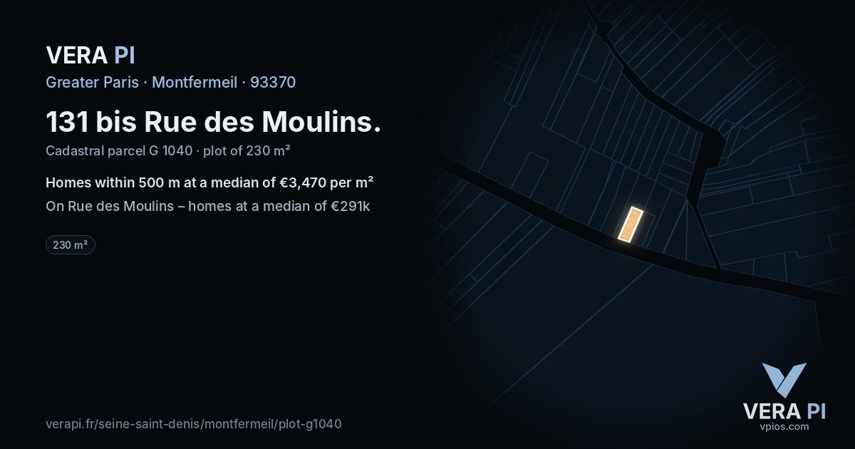 131 bis Rue des Moulins, Montfermeil at night – the plot lit, the parcels around coloured by the prices near them