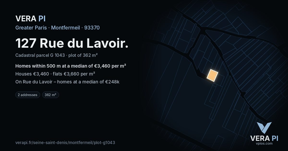 127 Rue du Lavoir, Montfermeil at night – the plot lit, the parcels around coloured by the prices near them