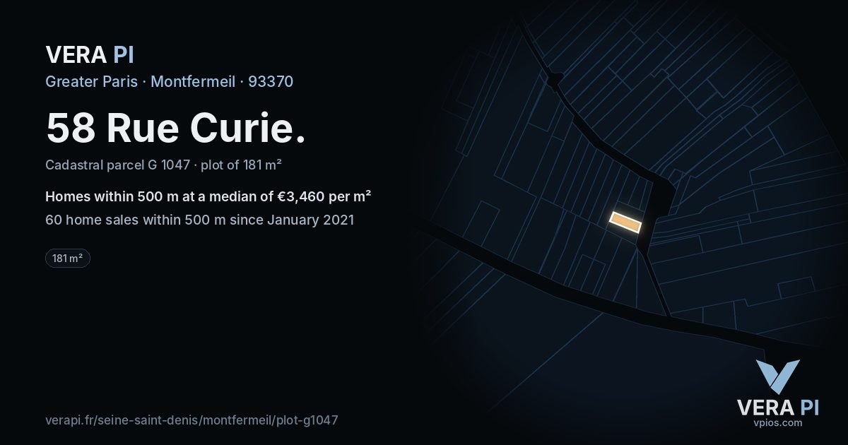 58 Rue Curie, Montfermeil at night – the plot lit, the parcels around coloured by the prices near them