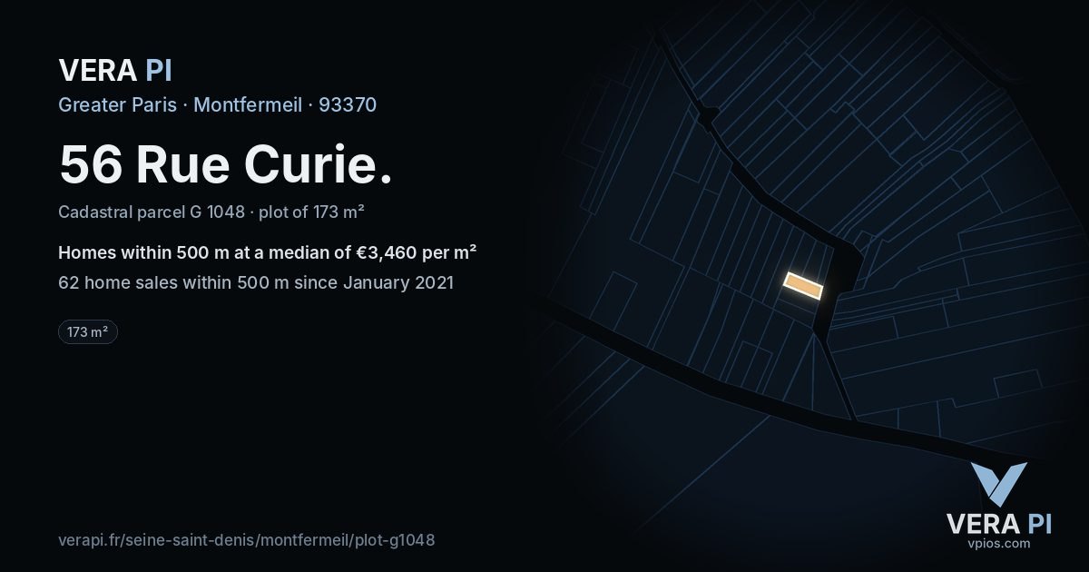 56 Rue Curie, Montfermeil at night – the plot lit, the parcels around coloured by the prices near them