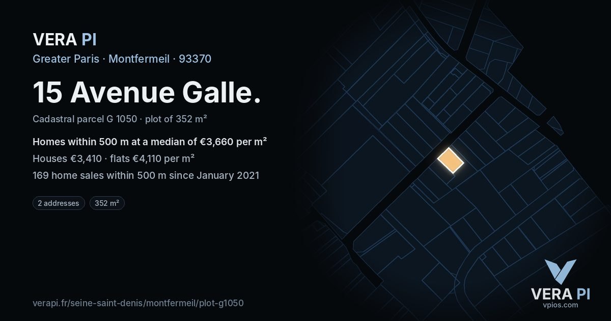 15 Avenue Galle, Montfermeil at night – the plot lit, the parcels around coloured by the prices near them