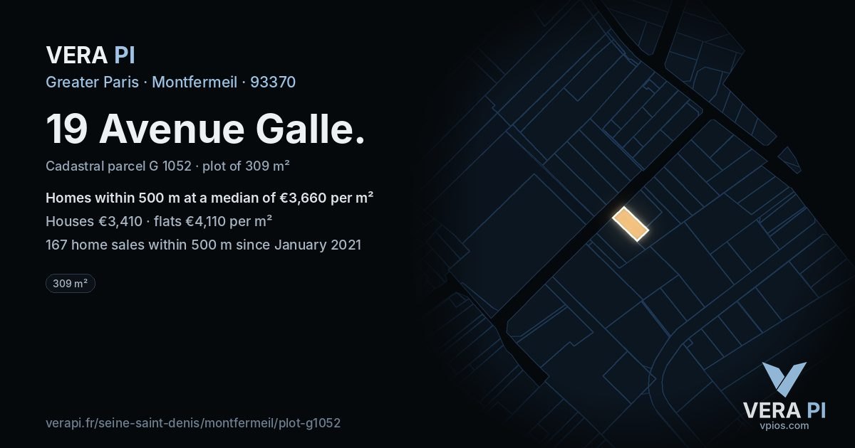 19 Avenue Galle, Montfermeil at night – the plot lit, the parcels around coloured by the prices near them