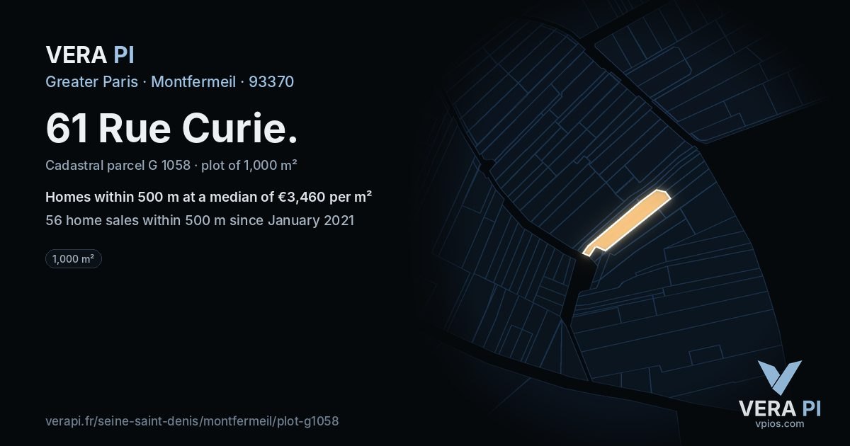 61 Rue Curie, Montfermeil at night – the plot lit, the parcels around coloured by the prices near them