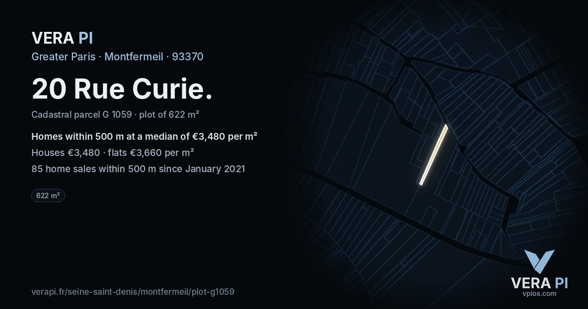 20 Rue Curie, Montfermeil at night – the plot lit, the parcels around coloured by the prices near them