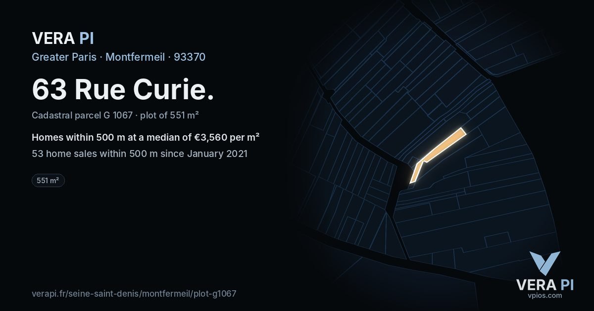 63 Rue Curie, Montfermeil at night – the plot lit, the parcels around coloured by the prices near them