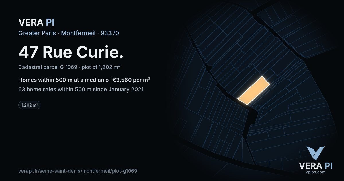 47 Rue Curie, Montfermeil at night – the plot lit, the parcels around coloured by the prices near them