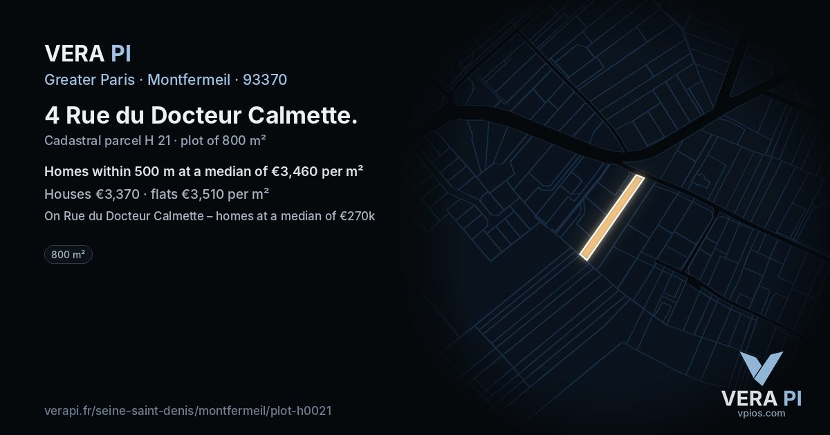 4 Rue du Docteur Calmette, Montfermeil at night – the plot lit, the parcels around coloured by the prices near them
