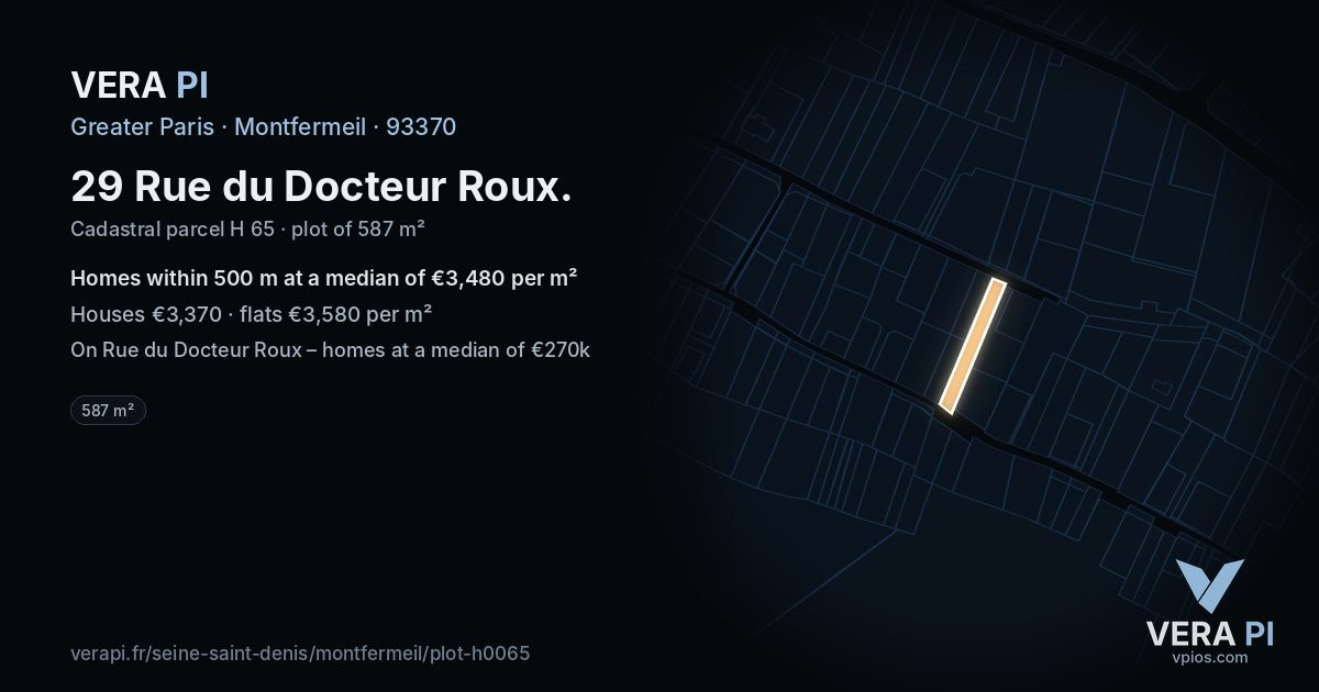 29 Rue du Docteur Roux, Montfermeil at night – the plot lit, the parcels around coloured by the prices near them