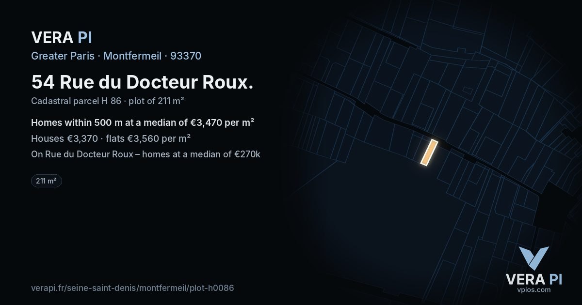 54 Rue du Docteur Roux, Montfermeil at night – the plot lit, the parcels around coloured by the prices near them