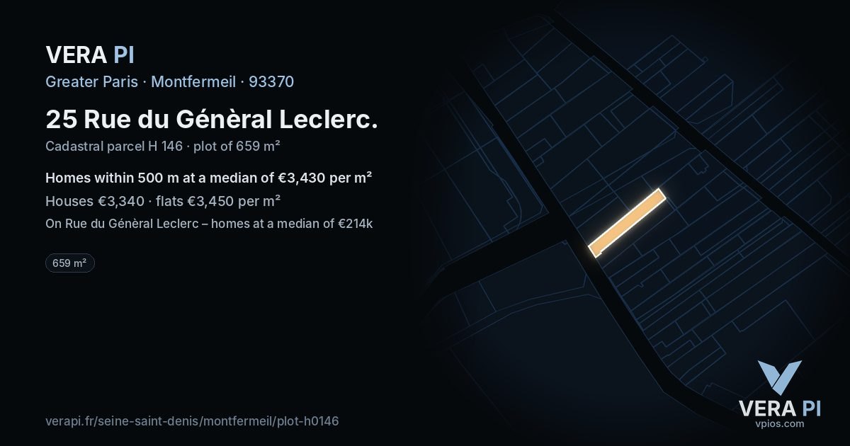 25 Rue du Génèral Leclerc, Montfermeil at night – the plot lit, the parcels around coloured by the prices near them