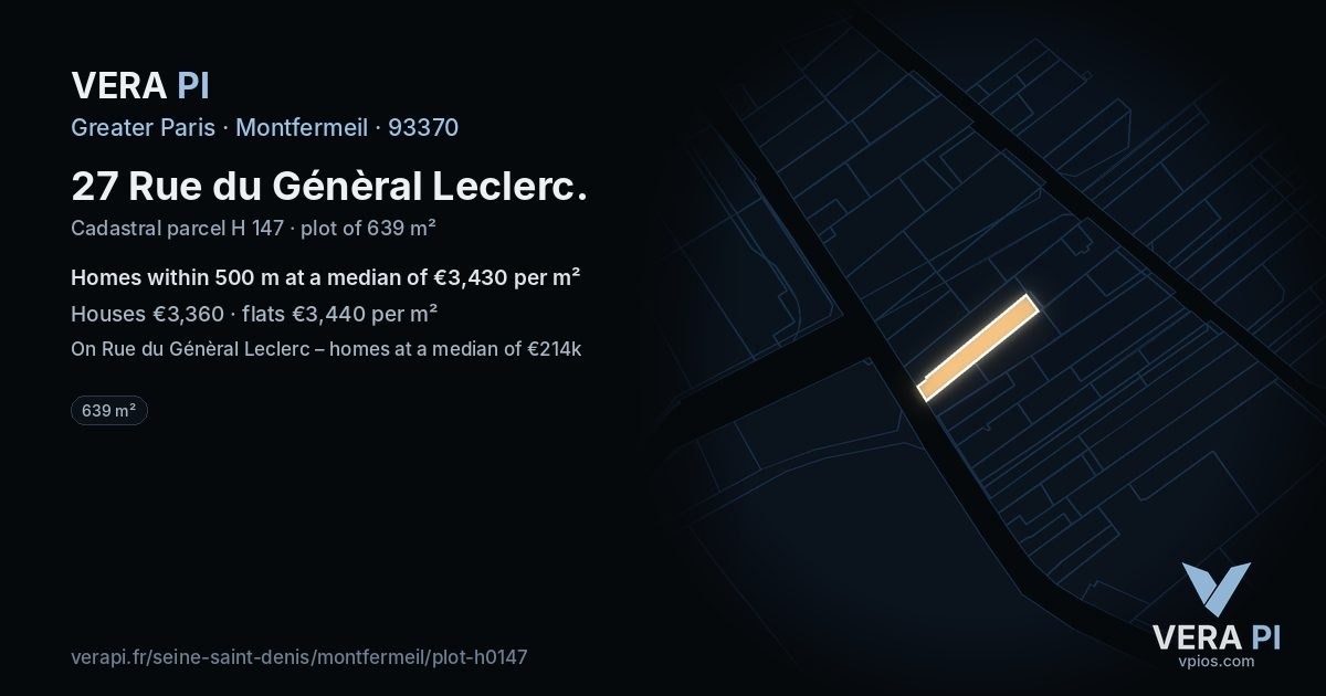 27 Rue du Génèral Leclerc, Montfermeil at night – the plot lit, the parcels around coloured by the prices near them