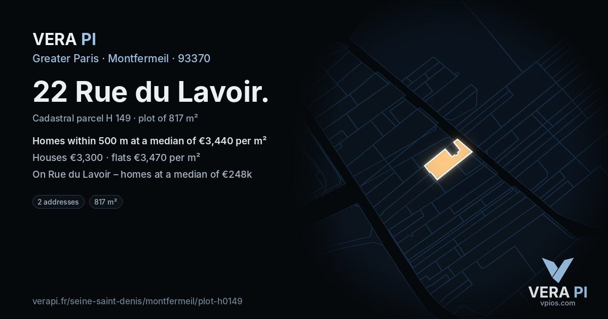 22 Rue du Lavoir, Montfermeil at night – the plot lit, the parcels around coloured by the prices near them