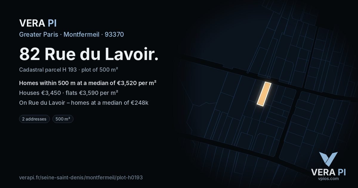 82 Rue du Lavoir, Montfermeil at night – the plot lit, the parcels around coloured by the prices near them